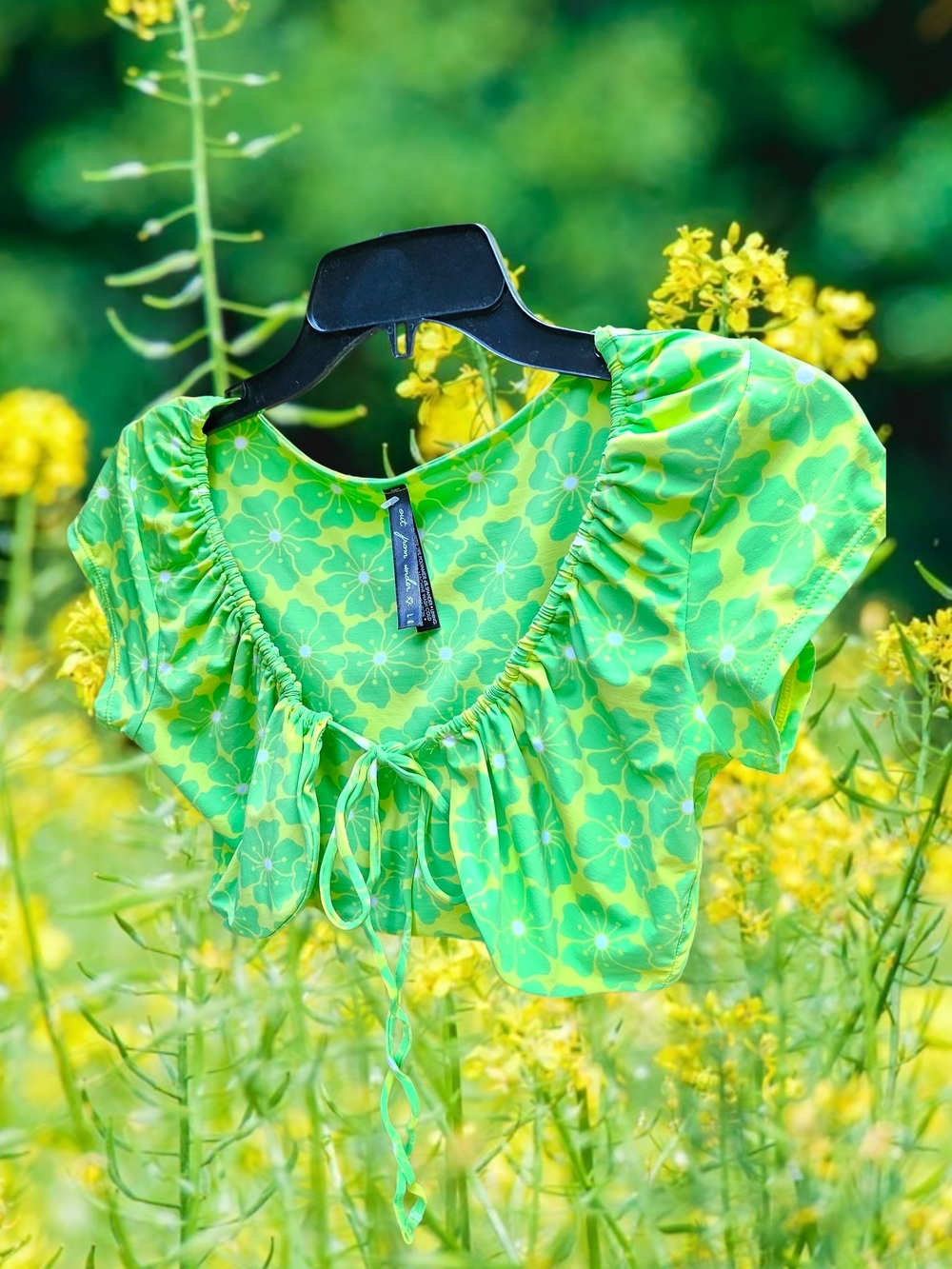 Urban Outfitters Out From Under Bright Green & Yellow Floral Crop Top Tie Front